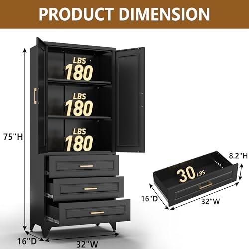 Polup 75" Metal Storage Cabinet, Kitchen Pantry Cabinet with 3 Drawers