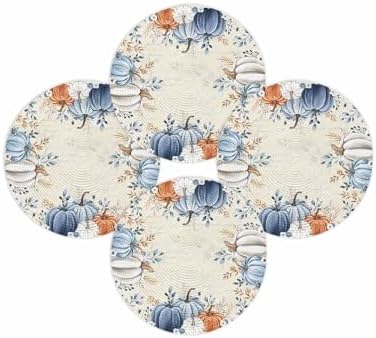 Fall Round Placemats Set of 4 Pumpkin Blue Orange Thanksgiving Place Mats Washable Woven Placemat White Pumpkin Leaves Circle Braided Table Mat for Kitchen Dining Table Holiday Party Decor 13 Inch