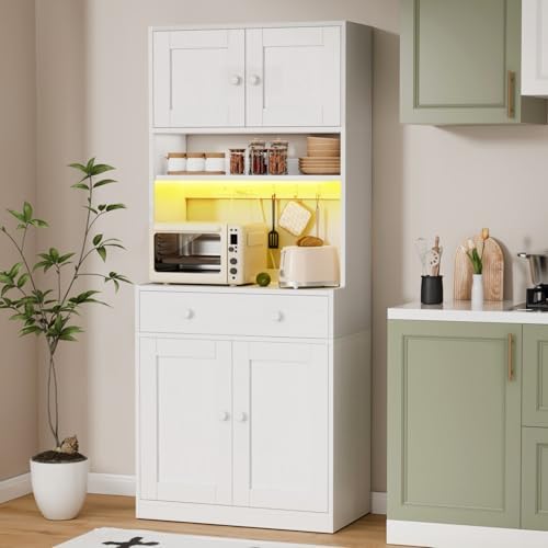 71" Tall Kitchen Pantry Cabinet with Microwave Countertop, LED Lights White