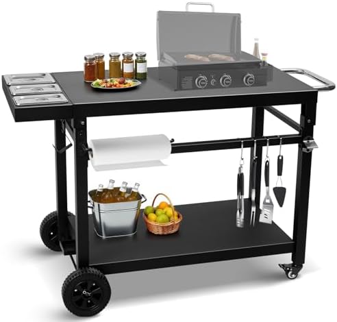 Black Cast Iron 2-Shelf Grill Cart with Wheels,Heavy Duty Pizza Oven Stand for Blackstone Ninja,Outdoor Cooking Station with Durable Tabletop