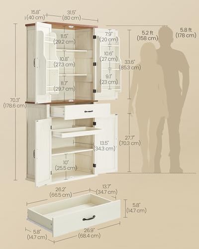 VASAGLE Pantry Cabinet, Freestanding Tall Cupboard with a Drawer