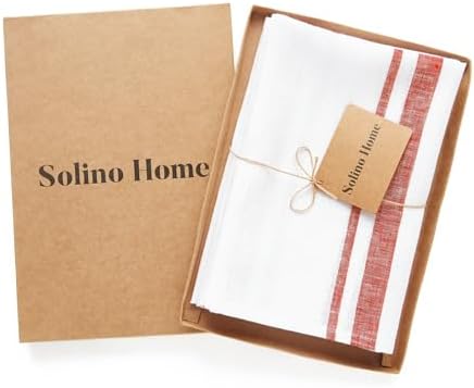 Solino Home 100% Linen Napkins, 20 x 20 in, Red and White Striped, Set of 4