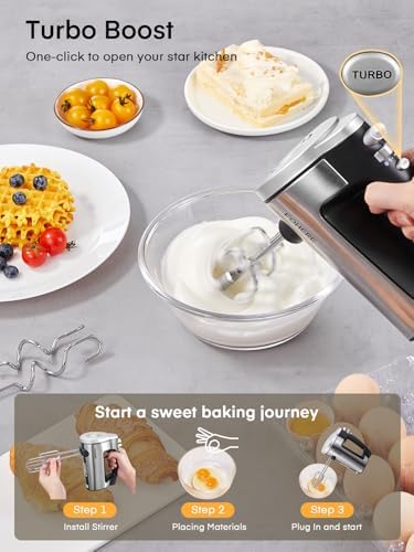 Hand Mixer Electric Handheld, 6 Speed & Turbo Electric Mixer, 300W Handheld Mixer with 2 Stainless Steel Whisk and 2 Dough Hook for Whipping, Mixing Cookies, Brownie, Cakes, Dough Batters, Silver
