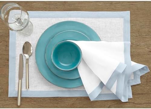 Solino Home 100% Linen Napkins, 20 x 20 in, Blue and White Border, Set of 4