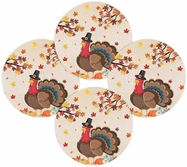 Fall Round Placemats Set of 4 Thanksgiving Harvest Pumpkin Turkey Place Mats Washable Woven Placemat Orange Maple Leaves Circle Braided Table Mat for Kitchen Dining Holiday Party Fall Decor 15 Inch