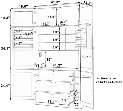 Ball & Cast 80″Tall Freestanding Kitchen Pantry Cabinet with 2 Power Outlets & 3 Large Drawers,41" W Versatile Farmhouse Pantry Storage Cabinet w/Adjustable Shelves and Door Shelves,for Kitchen, Grey