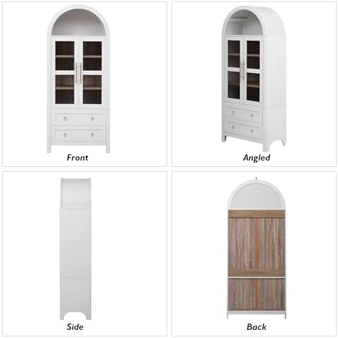 Merax 71" Tall Arched Farmhouse Pantry Cabinet with Glass Doors & 2 Large Drawers - Adjustable Shelves, Modern Kitchen Storage Cupboard for Dining Room, Living Room (30" W x 15.75" D), White
