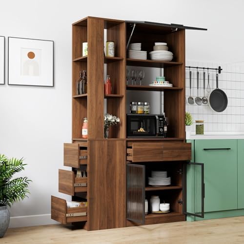 KEIKI 70.87" Tall Kitchen Pantry Storage Cabinet with 5 Drawers, Side Shelves, Glass Doors & Microwave Stand, Freestanding Wood Hutch Food Pantries Cupboard Organizer for Entrance Dining Room, Hallway