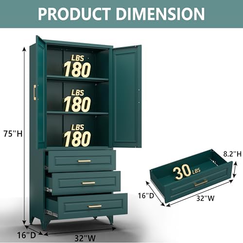 Polup 75" Metal Storage Cabinet, Kitchen Pantry Cabinet with 3 Drawers