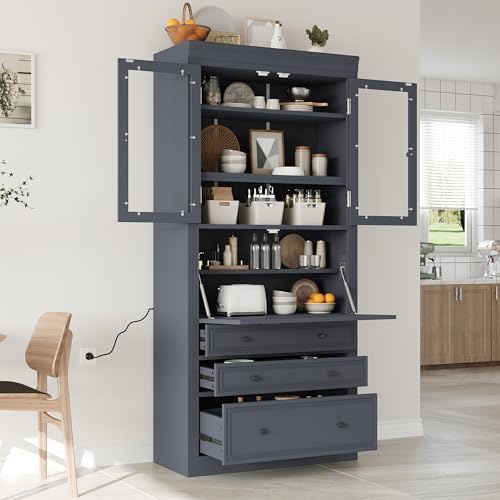 Merax 78 Inch Extra-Tall Freestanding Kitchen Pantry Storage Cabinet, Multifunctional Cupboard with 3 Drawers, Adjustable Shelves & Power Outlet Drop-Down Surface for Dining and Living Room, Grey