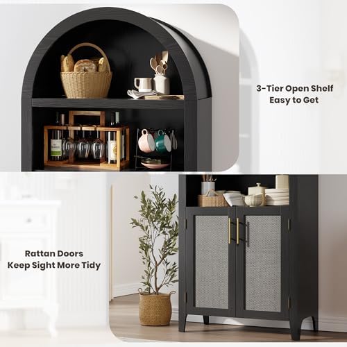 Arched Kitchen Pantry Cabinet with Doors, 5-Tier Open Display Shelf, Black