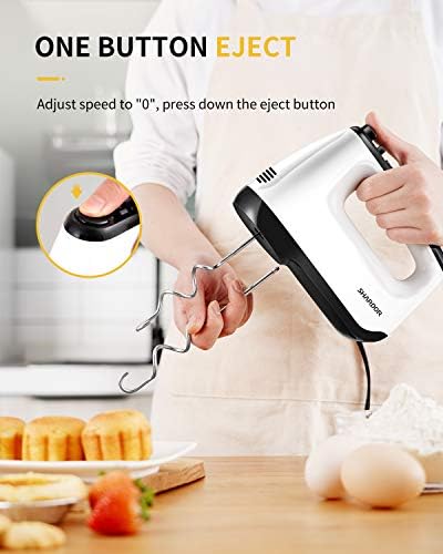 SHARDOR Hand Mixer Electric, 6 Speed & Turbo Mixer Electric Handheld, Snap-On Storage Case,5 Stainless Steel Accessories for Whipping, Mixing Cookies, Brownie, Cakes, Dough Batters, White