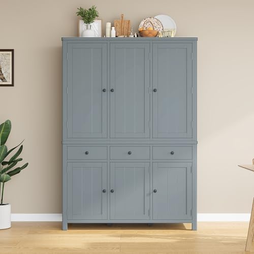 Merax 74.8'' Tall Kitchen Pantry Storage Cabinet with 6 Doors, 3 Drawers and Adjustable Shelves, Freestanding Large Cupboard & Pull-Out Trays for Kitchen, Dining Room, Living Room, Gray