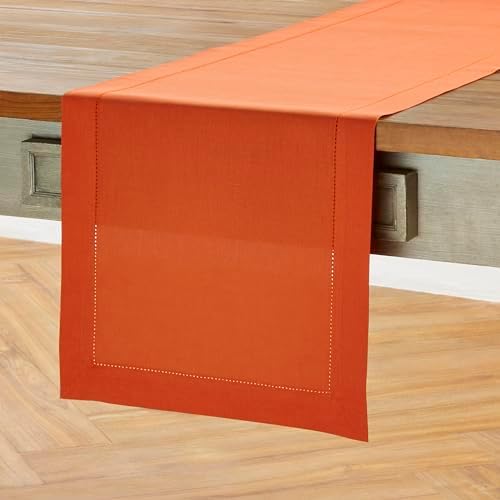 Solino Home Cotton Linen Table Runner Burnt Orange Hemstitch, 14 x 120 in