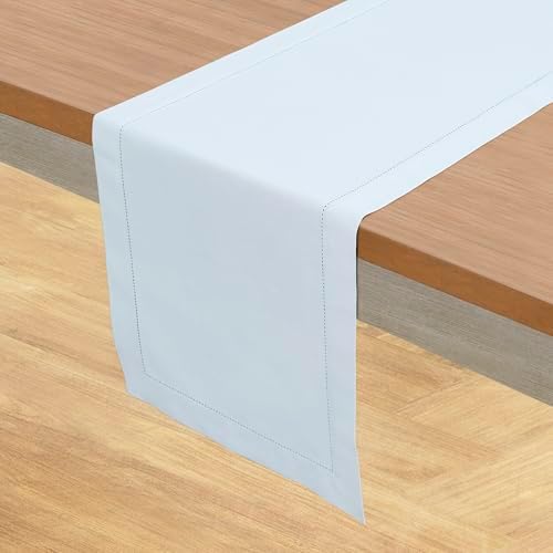 Solino Home Cotton Linen Table Runner Light Blue Hemstitch, 14 x 120 in