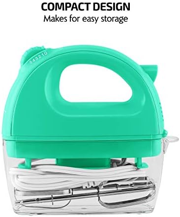 OVENTE Portable Electric Hand Mixer 5 Speed Mixing, 150W Powerful Blender for Baking & Cooking with 2 Stainless Steel Chrome Beater Attachments & Snap Clear Case Compact Easy Storage, Turquoise HM161T