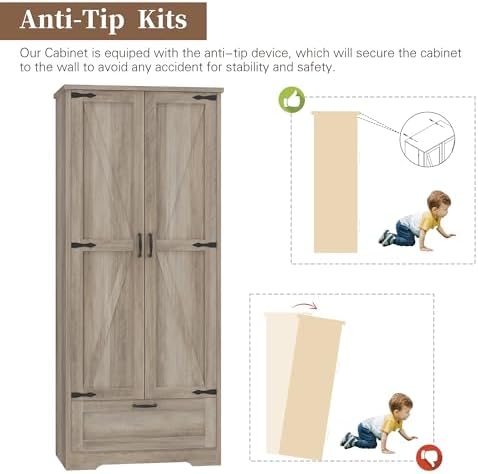 Shintenchi 65" Kitchen Pantry Cabinet, Farmhouse Storage, Ash Gray