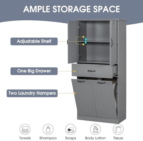 Merax 65.8" Pantry Cabinet with Two Doors & One Drawer & Two Laundry Hampers, Adjustable Shelves Storage Cupboard for Kitchen/Dining Room/Bathroom, Gray