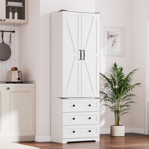 IDEALHOUSE Farmhouse Kitchen Pantry Cabinet - 72" Tall Large Wood Kitchen Storage Cabinets with Adjustable Shelves & 2 Barn Doors & 3 Drawer, Versatile Storage for Dining Room, Bathroom, Living Room