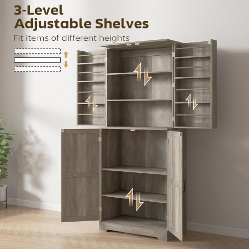 HOMCOM 72" Farmhouse Kitchen Pantry Cabinet, Tall, 4 Barn Doors, Gray Wash
