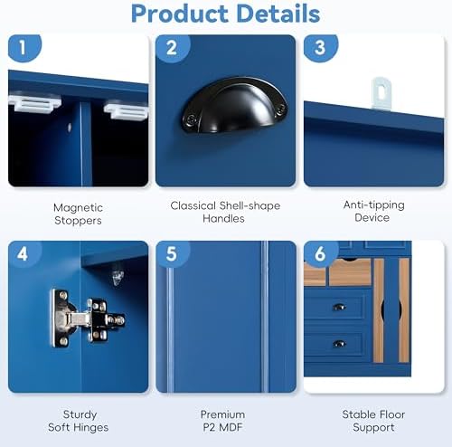 Merax Farmhouse 71" Large Kitchen Pantry Cabinet with Power Outlet, 53.2" Wide Storage Cupboard with 4 Foldable Doors, Adjustable Shelves, Wine Racks & Serving Trays, for Dining Room, Blue