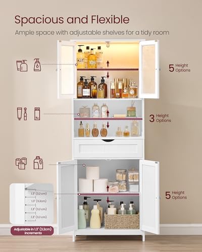 VASAGLE Storage Cabinet with LED Lights, Freestanding, Open Compartments