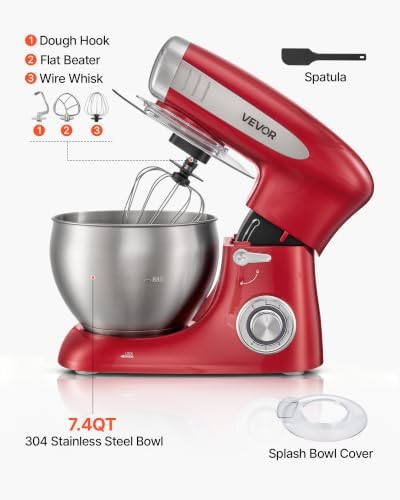 VEVOR 7.4 Qt Tilt Head Stand Mixer 500W Electric Dough Mixer, 6 Speeds with Pulse Food Kitchen Mixer with Stainless Steel Bowl, Splash Guard, Dough Hook, Whisk, Beater, for Baking Mixing