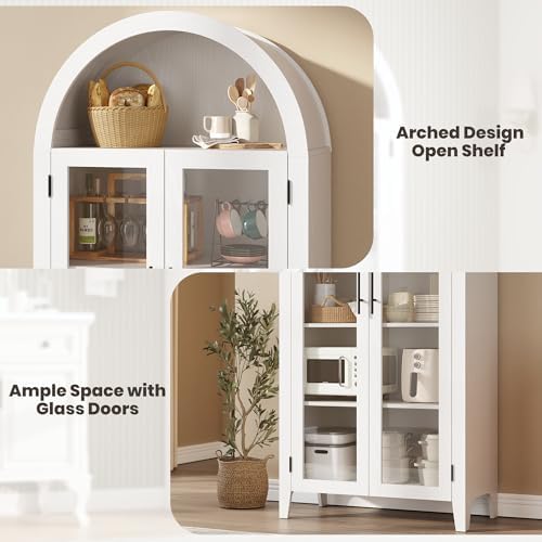 Garvee Arched Cabinet with Glass Doors, 5-Tier Kitchen Pantry Cabinet with Adjustable Shelves, Farmhouse Display Storage Cabinet for Dining Room, Living Room, White