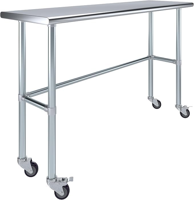 Stainless Steel Work Table Open Base & Wheels | Work Station | Metal Work Bench (Stainless Steel Work Table Open Base + Casters) (60" Long x 18" Deep)