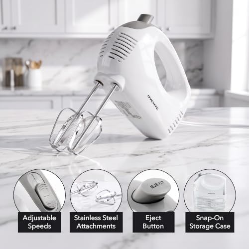 OVENTE 5-Speed Electric Hand Mixer with Storage Case, White HM151W