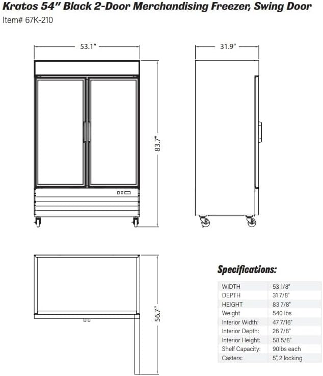 Kratos Commercial Freezer Display Merchandiser - 2 Self Closing Glass Swing Doors, 53"W, Black (67K-210)