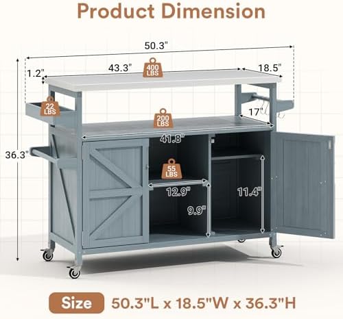 Zevemomo Outdoor Grill Cart with Storage, Lockable Casters, Gray-Blue