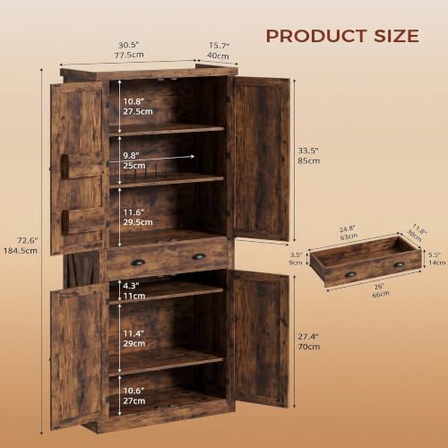 IRONCK 72.6" H Farmhouse Kitchen Pantry with Drawer, Vintage Brown