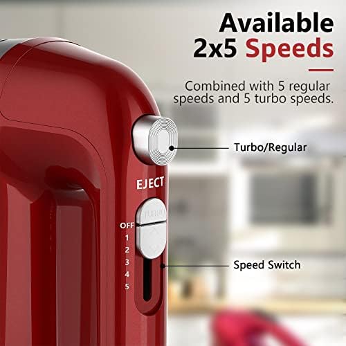 Hand Mixer Electric, 450W Kitchen Mixers with Scale Cup Storage Case, Turbo Boost/Self-Control Speed + 5 Speed + Eject Button + 5 Stainless Steel Accessories, For Easy Whipping Dough, Cream, Red
