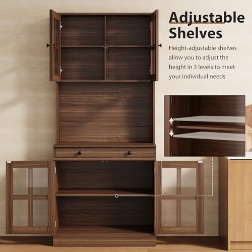 IDEAHOUSE 72" Kitchen Pantry Cabinet with Glass Doors & Drawer, Walnut