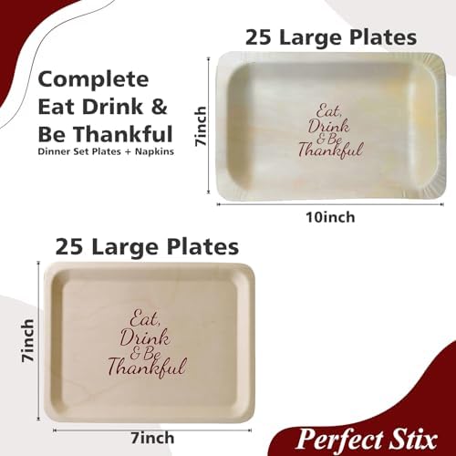 Perfect Stix Thanksgiving Plates and Napkins Set – 25 Large 10-Inch & 25 Small 7-Inch Eco-Friendly Wooden Plates with 50 Burgundy 2-Ply Dinner Napkins –Thanksgiving & Friendsgiving Gatherings