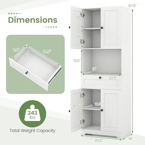 GIANTEX Kitchen Pantry Cabinet, 67.5" Tall Floor Storage Cabinet w/4 Doors & 1 Drawer, Modern Freestanding Bathroom Organizer w/Open Countertop & Adjustable Shelf for Dining Room, Living Room (White)