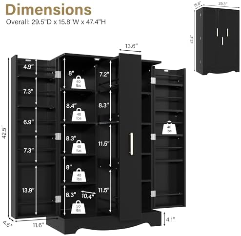 kepptory 47“ Black Kitchen Pantry Cabinet with Pull-Out Drawer