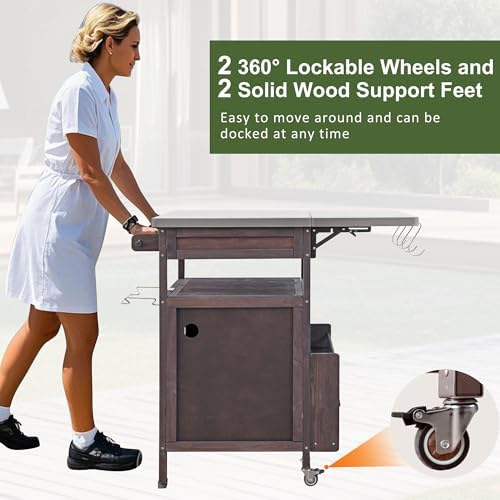 Outdoor Grill Cart with Stainless Steel Top, Solid Wood Prep Table