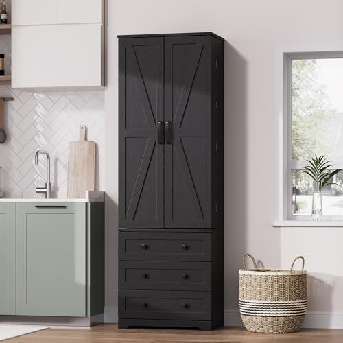 IDEALHOUSE Farmhouse Kitchen Pantry Cabinet - 72" Tall Large Wood Kitchen Storage Cabinets with Adjustable Shelves & 2 Barn Doors & 3 Drawer, Versatile Storage for Dining Room, Bathroom, Living Room