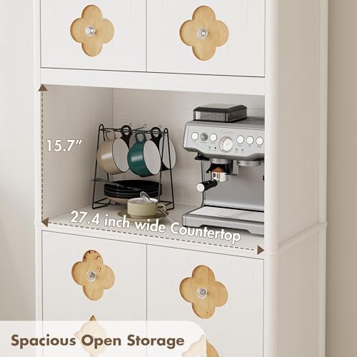 IDEALHOUSE Mid Century Modern Kitchen Pantry Cabinet, 72" Tall Storage Cabinet with Microwave Shelf, Wooden Freestand Cupboard with Carved Flower Door & Crystal Handle, for Dining Room