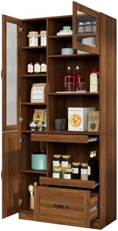 KEIKI 70.87" H Tall Kitchen Pantry Storage Cabinet with Countertop, Glass Doors, Drawers, Microwave Stand & Pull-Out Shelf, Freestanding Wood Hutch Food Pantries Cupboard for Coffee Bar, Dining Room