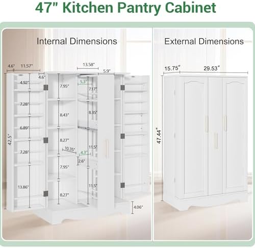 kepptory 47" Kitchen Pantry Cabinet with Adjustable Shelves and Drawer, Buffet Cupboards Storage Cabinet for Home Office Use (White, 16" D x 30" W x 47" H)