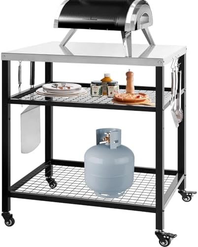 Stainless Steel Grill Cart with Cover Pizza Oven Stand with Water-proof Cover Trolley Table with Wheels Three-Shelf Movable Food Prep and Work Table Heavy Duty Grill Cart Outdoor 31.5"×24"×35.5"