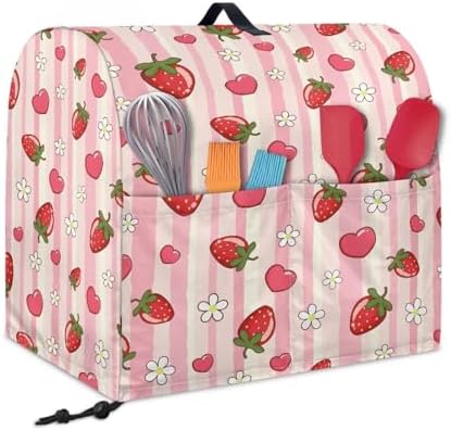 Cute Strawberry and Flower Stand Mixer Covers Compatible with 4.5-5 Quarts Kitchen Aid Stand Mixer Dust Protector Cover Organizers with Handle Pocket Pink