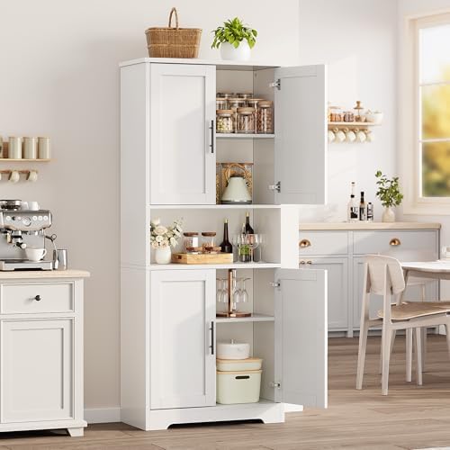 70" Kitchen Pantry Storage Cabinet, Freestanding Buffet Cabinet with Microwave Stand & 4 Door Shelves, Kitchen Hutch with Doors, Adjustable Shelves and Wine Rack,White.