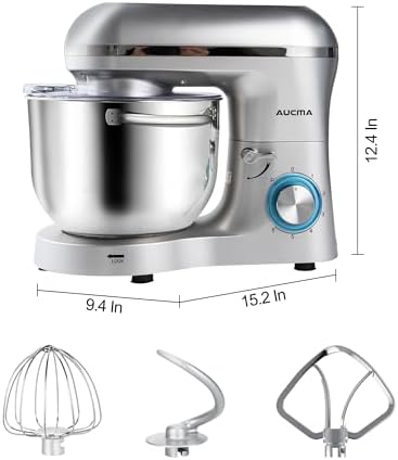 Aucma Stand Mixer,6.5-QT 660W 6-Speed Tilt-Head Food Mixer, Kitchen Electric Mixer with Dough Hook, Wire Whip & Beater (Silver, 6.5QT)