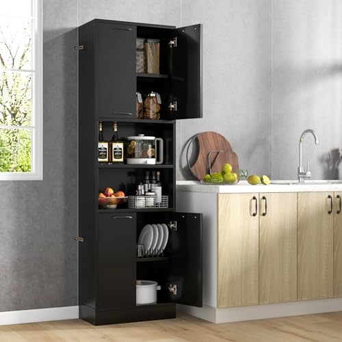 75” Kitchen Pantry Cabinet, Tall Freestanding Kitchen Hutch with 4 Doors, 2 Open Shelves & 4 Anti-Tipping Devices, Bathroom Storage Cabinet for Living Room, Dining Room (Black)