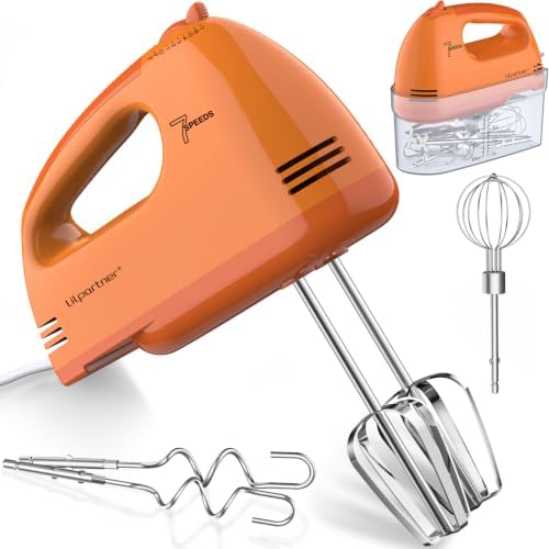 LILPARTNER Electric Hand Mixer with Storage Box, Ultra Power Kitchen Hand Mixer With 7-Speed & 5 Stainless Steel Accessories for Whipping Dough, Cream, Cake, Dishwasher Safe, LIGHT ORANGE BOX