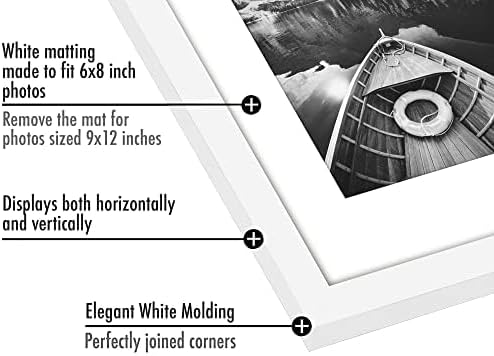 Americanflat 9x12 Picture Frame with Polished Plexiglass - Set of 5 - Use as 6x8 Frame with Mat or Display 9x12 Photo Without Mat - Galleria Collection - Picture Frames for Wall Display - White